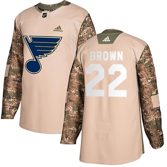 Logan Brown St. Louis Blues Authentic Camo Veterans Day Practice Adidas Jersey - Brown